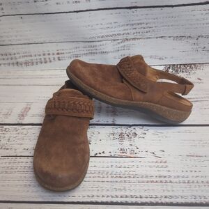 Aetrex Women's Leni Brown Leather & Suede Slingback Clog Shoes Size US 9  EU 40